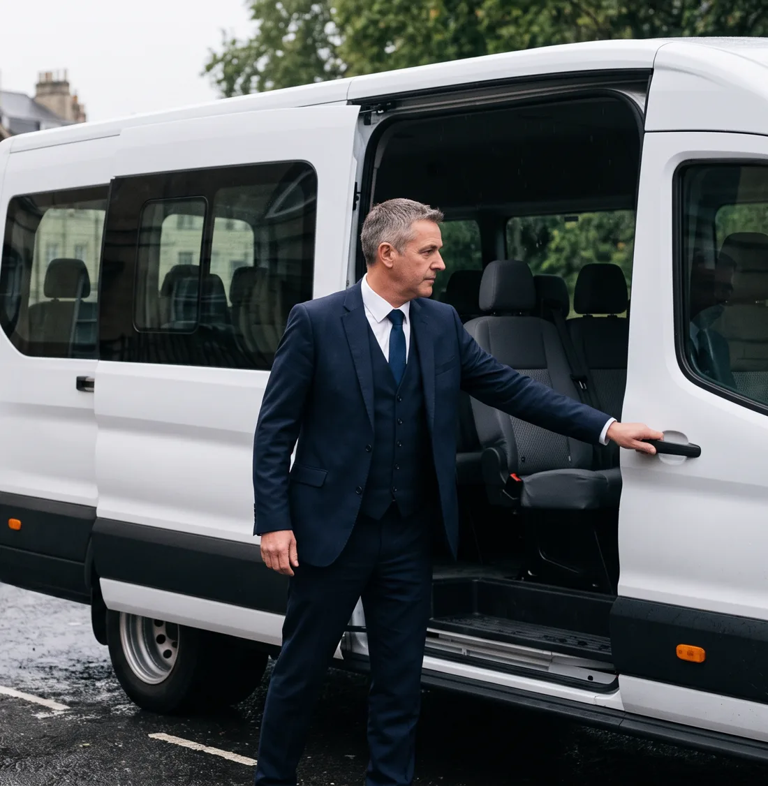 A driver in a suit holding open the side door of a 16-seat minibus on a British street