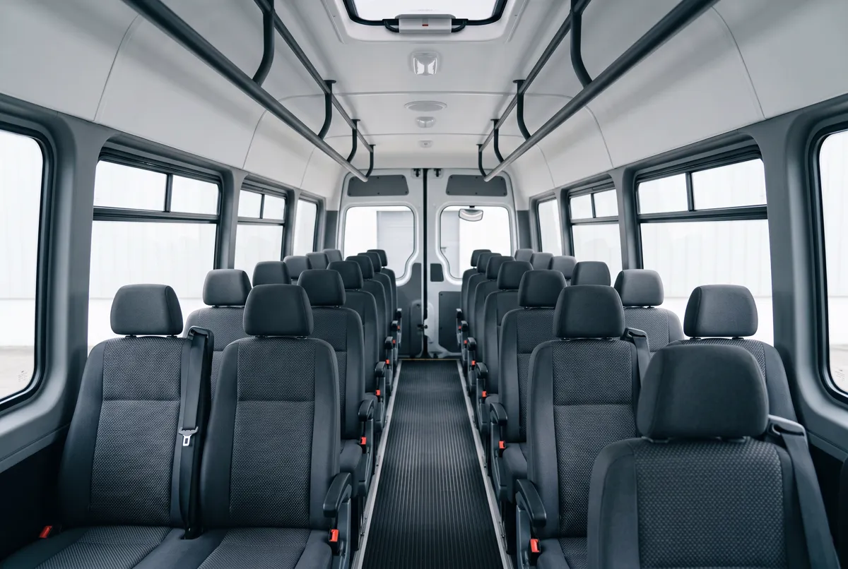 Interior of a 16 seat minibus looking down the aisle toward the rear doors