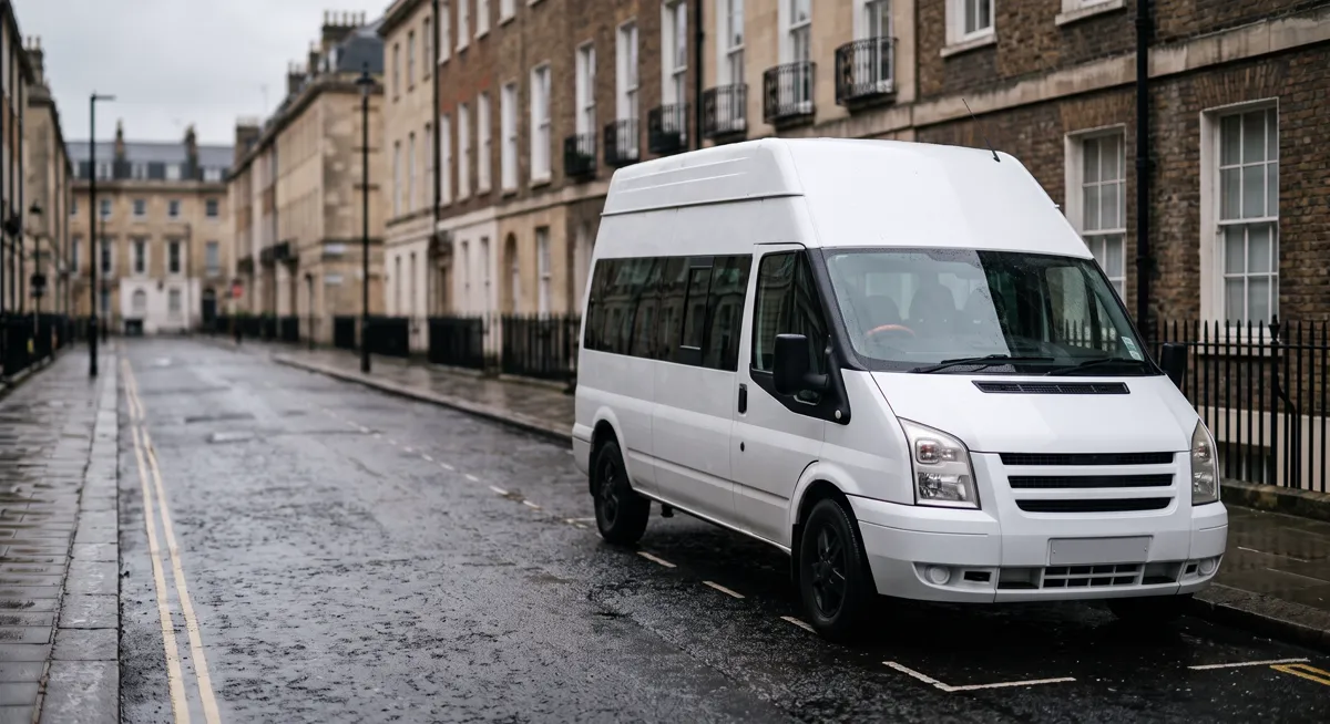 A white minibus parked on a Georgian terraced street on a wet day